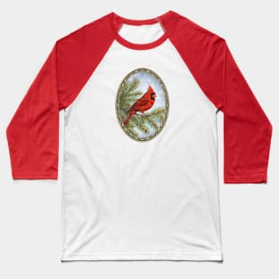Red Cardinal Winter Pines & Snow Baseball T-Shirt